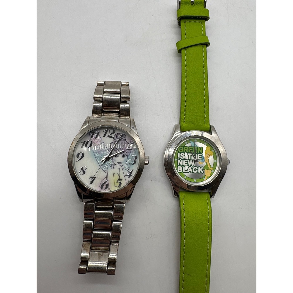 Disney‎ Tinker Bell Watch Lot Silver Link & Lime Green Strap TNKAQ678 2pc